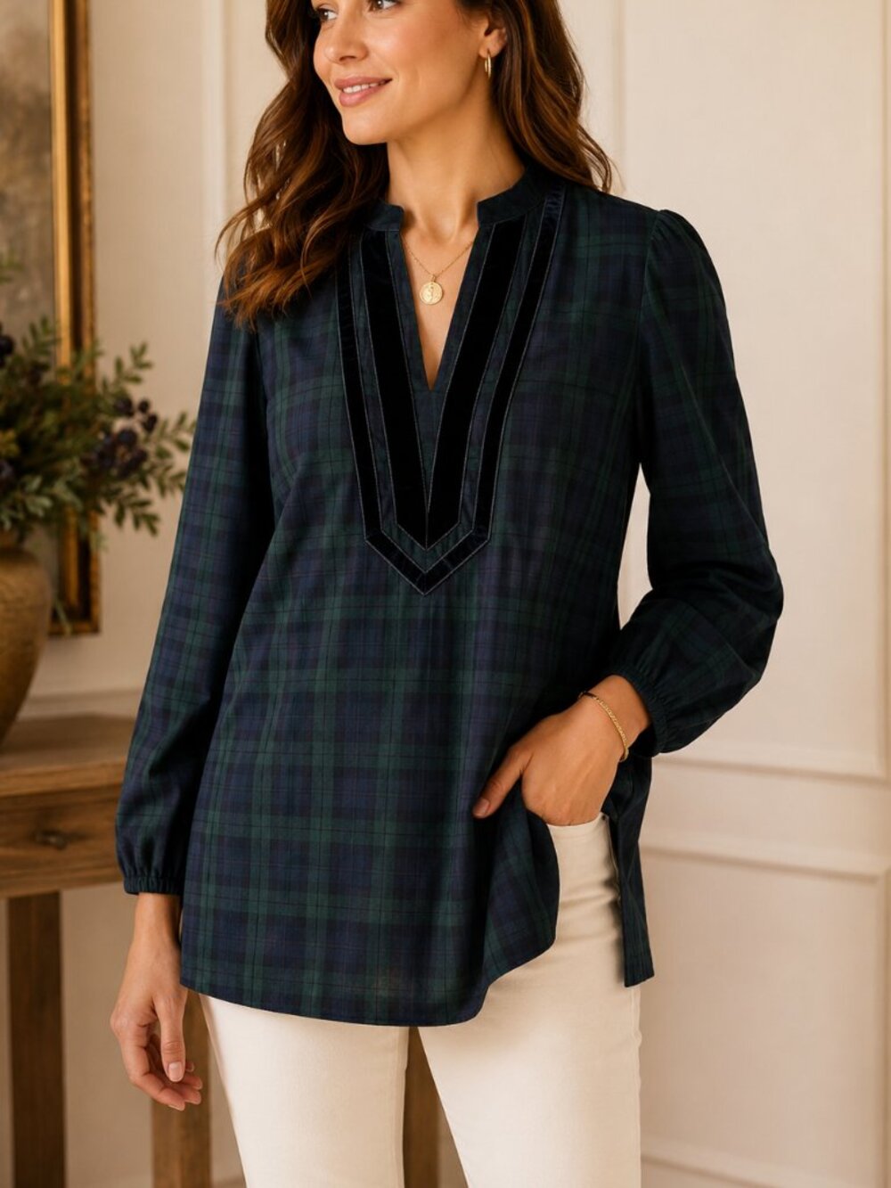 J. Crew Black Watch Tartan Plaid Tunic Velvet Trim Navy Green XS AU283